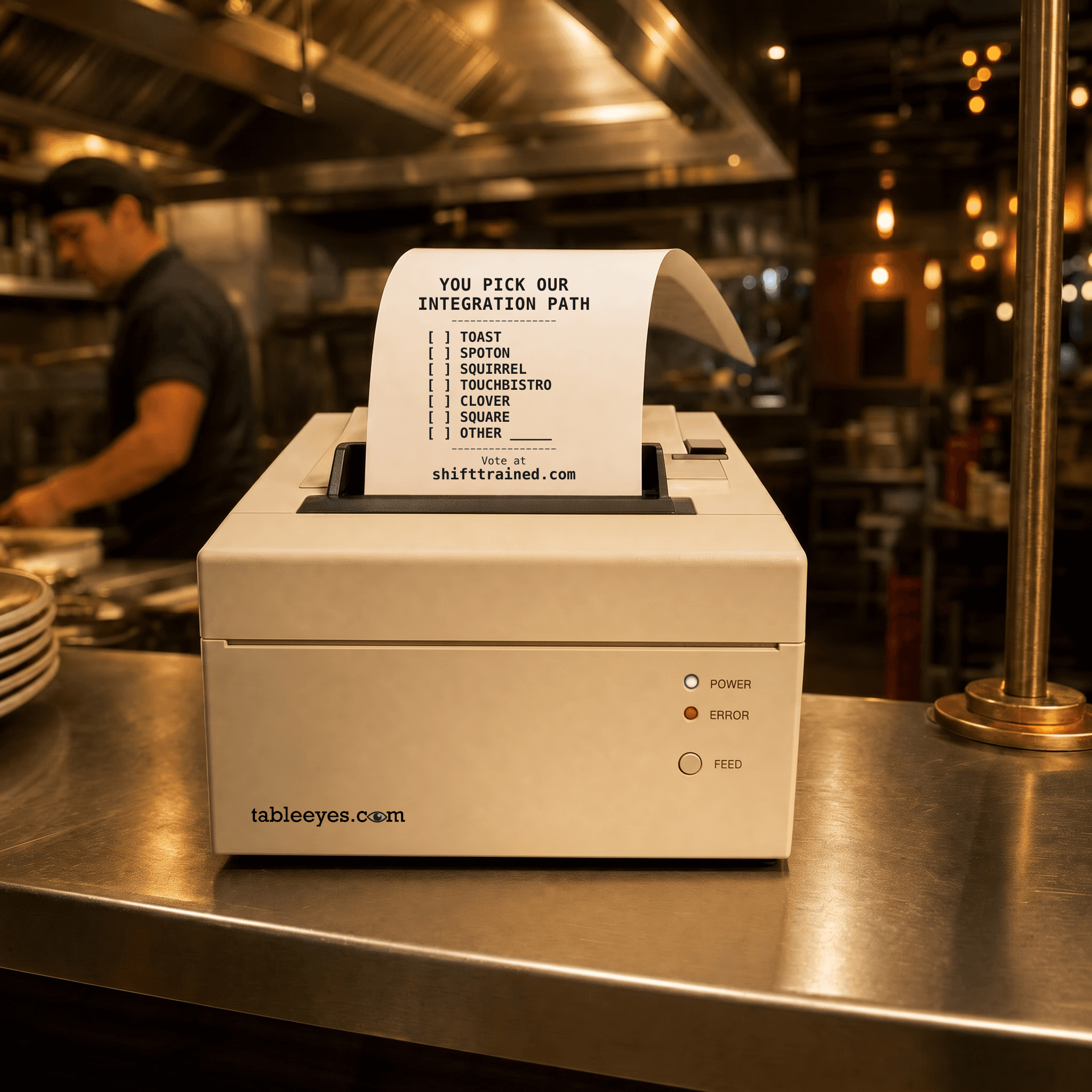 Receipt printer printing a ballot with seven POS options — Toast, SpotOn, Squirrel, TouchBistro, Clover, Square, Other